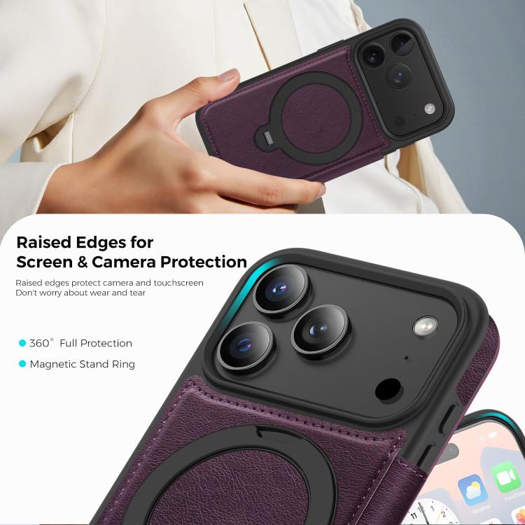 For iPhone 17 Pro Knight Shield 360 Rotation Holder MagSafe RFID Leather Phone Case