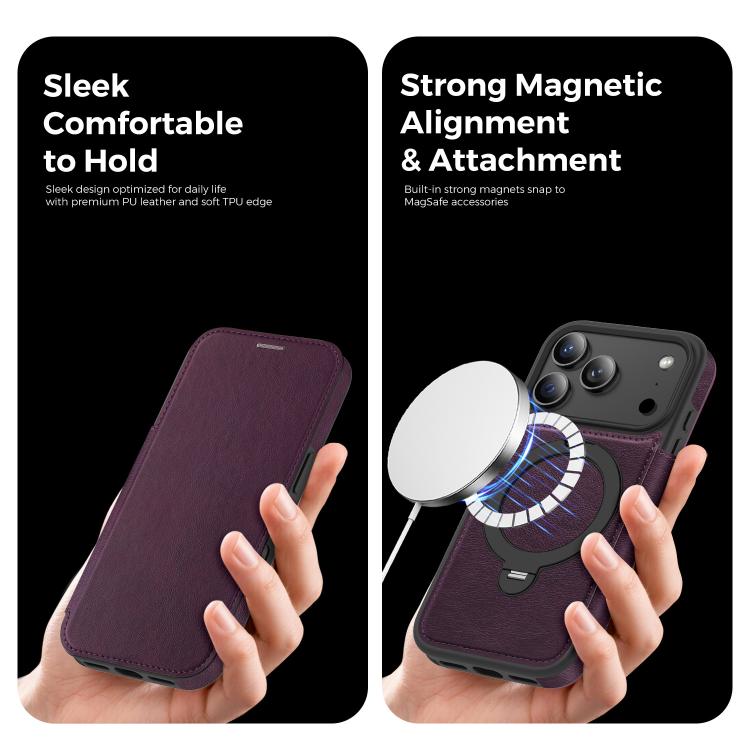 For iPhone 17 Pro Knight Shield 360 Rotation Holder MagSafe RFID Leather Phone Case