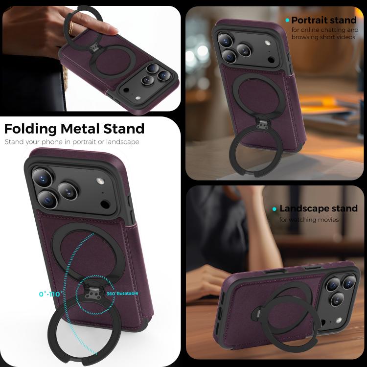 For iPhone 17 Pro Knight Shield 360 Rotation Holder MagSafe RFID Leather Phone Case