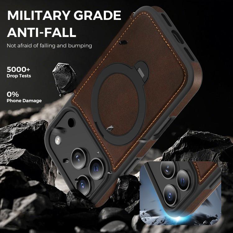 For iPhone 17 Pro Knight Shield 360 Rotation Holder MagSafe RFID Leather Phone Case