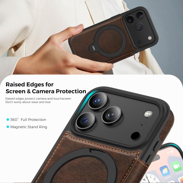 For iPhone 17 Pro Knight Shield 360 Rotation Holder MagSafe RFID Leather Phone Case