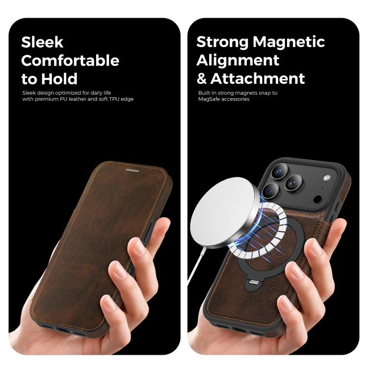 For iPhone 17 Pro Knight Shield 360 Rotation Holder MagSafe RFID Leather Phone Case