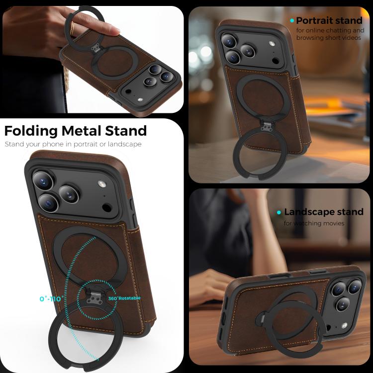 For iPhone 17 Pro Knight Shield 360 Rotation Holder MagSafe RFID Leather Phone Case