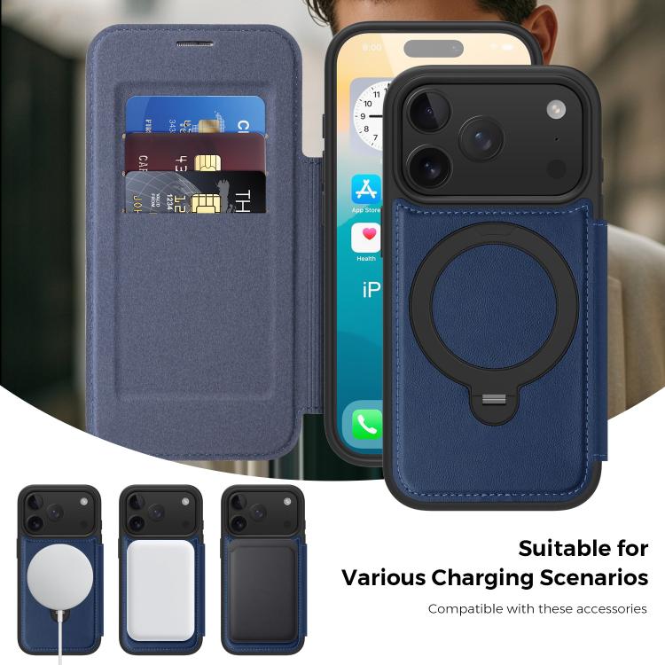 For iPhone 17 Pro Knight Shield 360 Rotation Holder MagSafe RFID Leather Phone Case