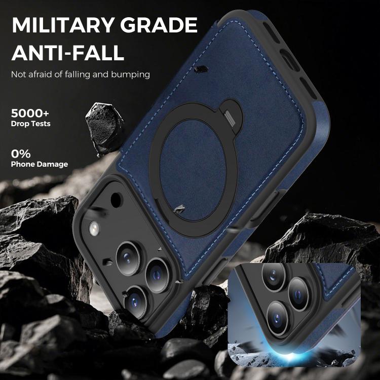 For iPhone 17 Pro Knight Shield 360 Rotation Holder MagSafe RFID Leather Phone Case