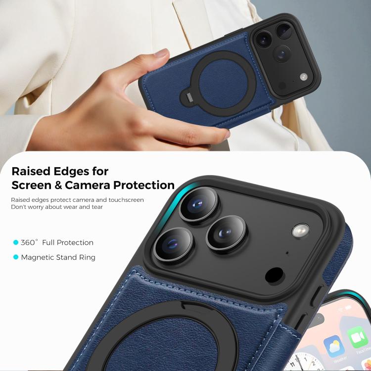 For iPhone 17 Pro Knight Shield 360 Rotation Holder MagSafe RFID Leather Phone Case