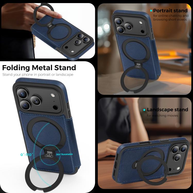 For iPhone 17 Pro Knight Shield 360 Rotation Holder MagSafe RFID Leather Phone Case