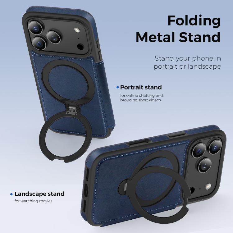 For iPhone 17 Pro Knight Shield 360 Rotation Holder MagSafe RFID Leather Phone Case