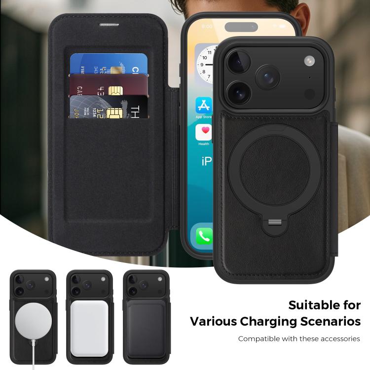 For iPhone 17 Pro Knight Shield 360 Rotation Holder MagSafe RFID Leather Phone Case