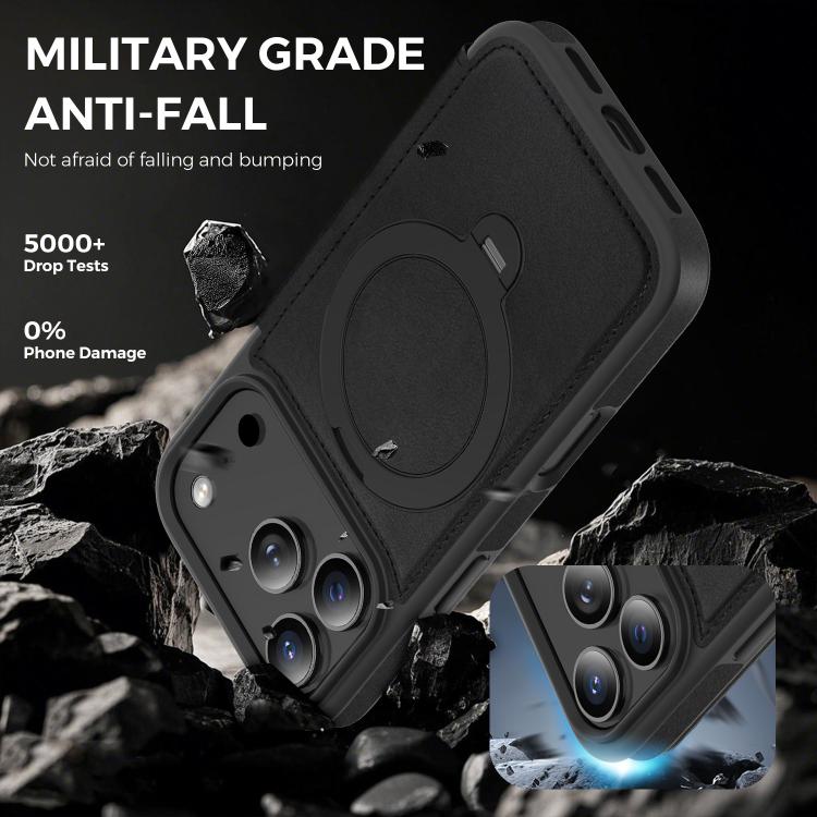 For iPhone 17 Pro Knight Shield 360 Rotation Holder MagSafe RFID Leather Phone Case