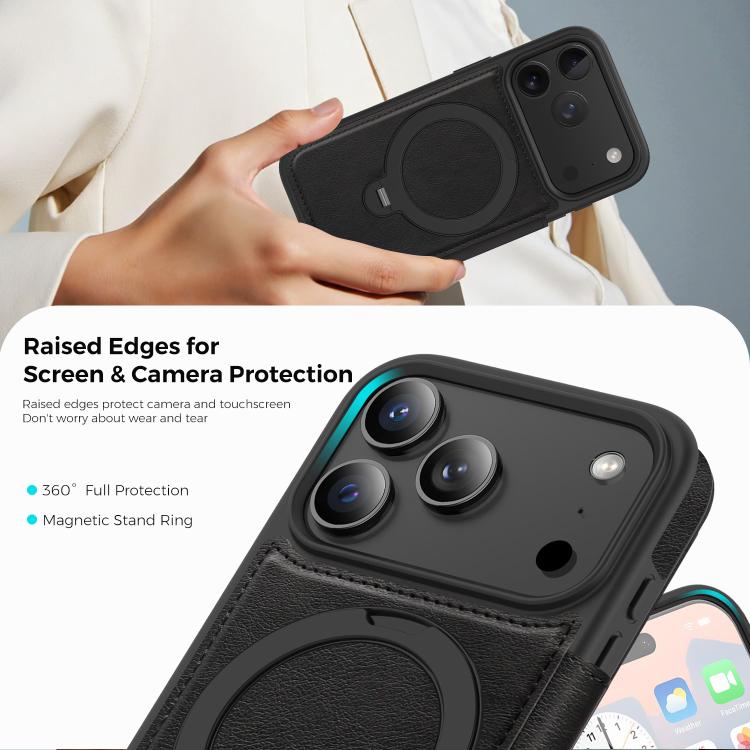 For iPhone 17 Pro Knight Shield 360 Rotation Holder MagSafe RFID Leather Phone Case