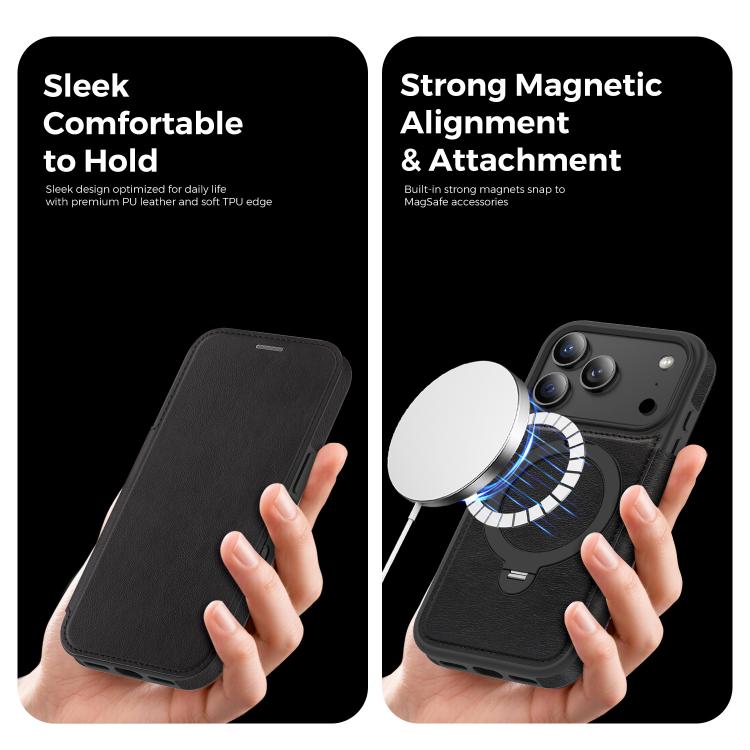 For iPhone 17 Pro Knight Shield 360 Rotation Holder MagSafe RFID Leather Phone Case