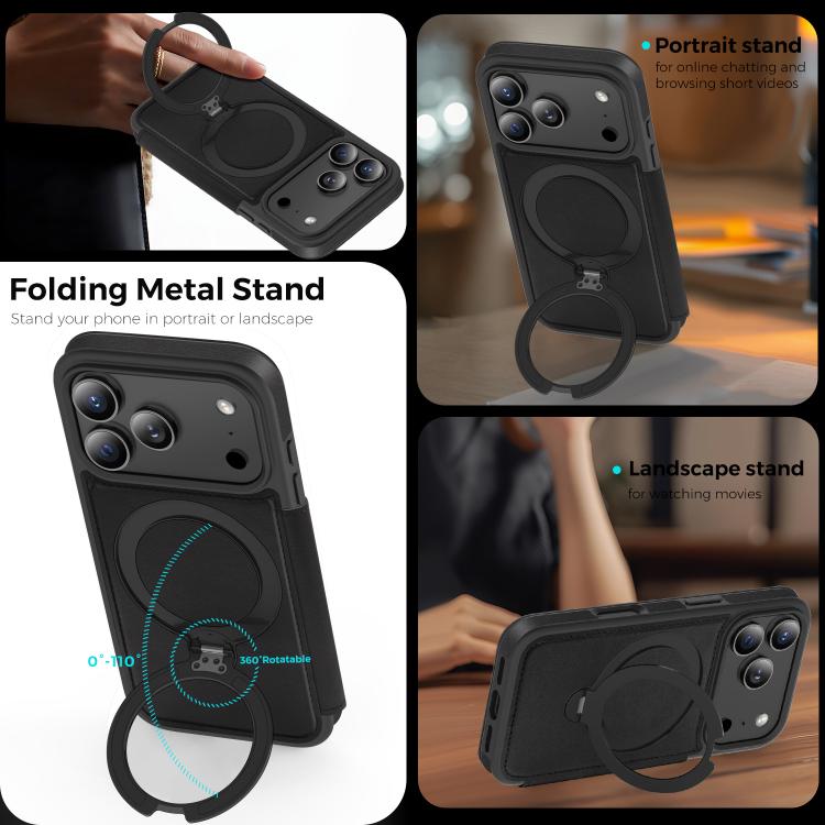 For iPhone 17 Pro Knight Shield 360 Rotation Holder MagSafe RFID Leather Phone Case