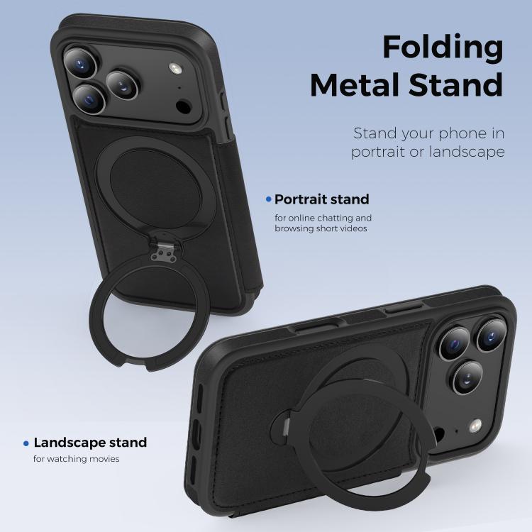 For iPhone 17 Pro Knight Shield 360 Rotation Holder MagSafe RFID Leather Phone Case