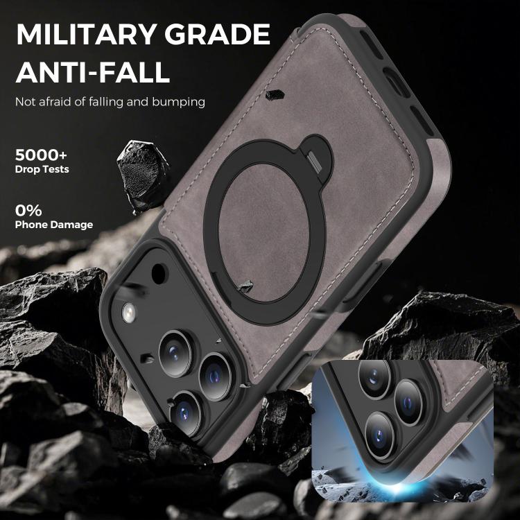 For iPhone 17 Pro Knight Shield 360 Rotation Holder MagSafe RFID Leather Phone Case