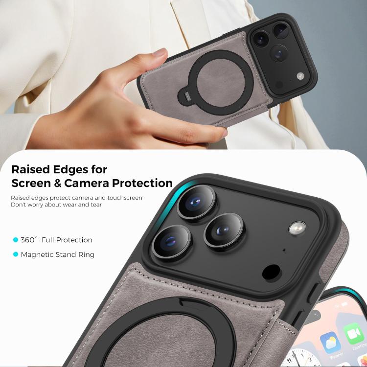 For iPhone 17 Pro Knight Shield 360 Rotation Holder MagSafe RFID Leather Phone Case