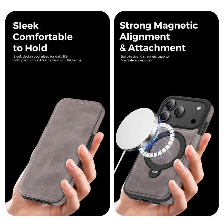 For iPhone 17 Pro Knight Shield 360 Rotation Holder MagSafe RFID Leather Phone Case