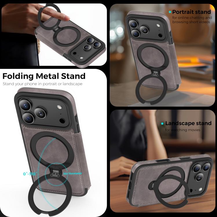 For iPhone 17 Pro Knight Shield 360 Rotation Holder MagSafe RFID Leather Phone Case