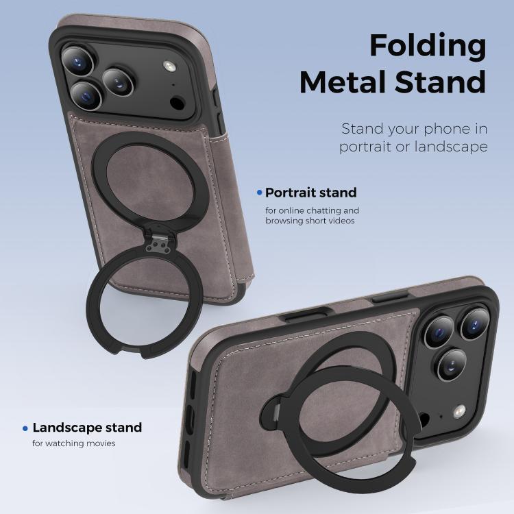 For iPhone 17 Pro Knight Shield 360 Rotation Holder MagSafe RFID Leather Phone Case