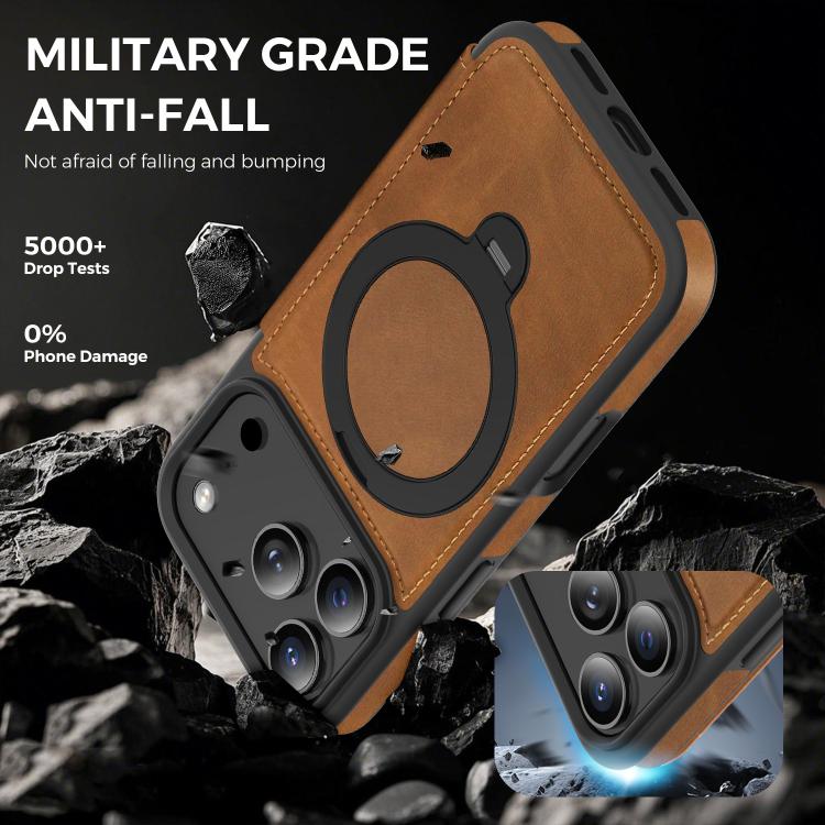 For iPhone 17 Pro Knight Shield 360 Rotation Holder MagSafe RFID Leather Phone Case