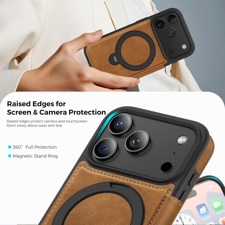 For iPhone 17 Pro Knight Shield 360 Rotation Holder MagSafe RFID Leather Phone Case