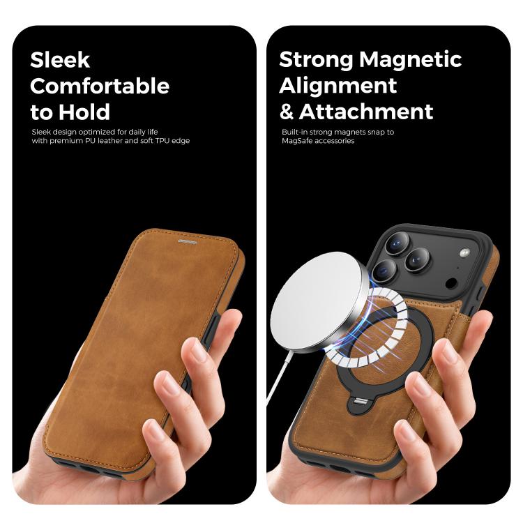 For iPhone 17 Pro Knight Shield 360 Rotation Holder MagSafe RFID Leather Phone Case
