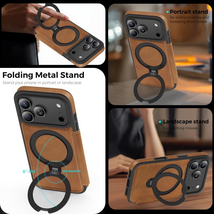 For iPhone 17 Pro Knight Shield 360 Rotation Holder MagSafe RFID Leather Phone Case