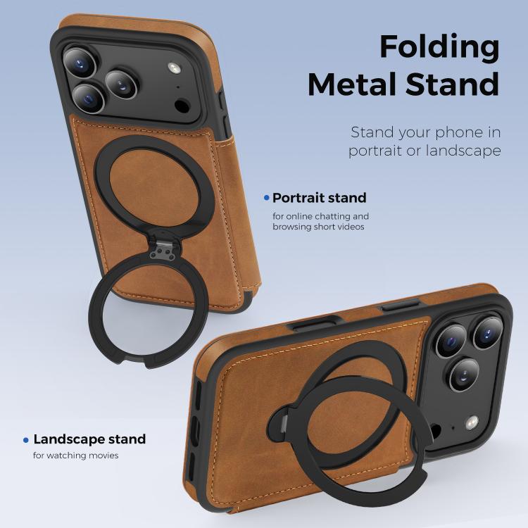 For iPhone 17 Pro Knight Shield 360 Rotation Holder MagSafe RFID Leather Phone Case
