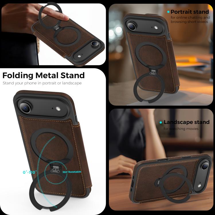 For iPhone Air Knight Shield 360 Rotation Holder MagSafe RFID Leather Phone Case