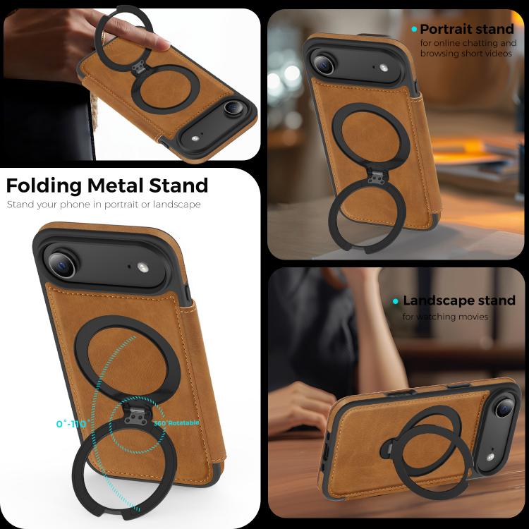 For iPhone Air Knight Shield 360 Rotation Holder MagSafe RFID Leather Phone Case