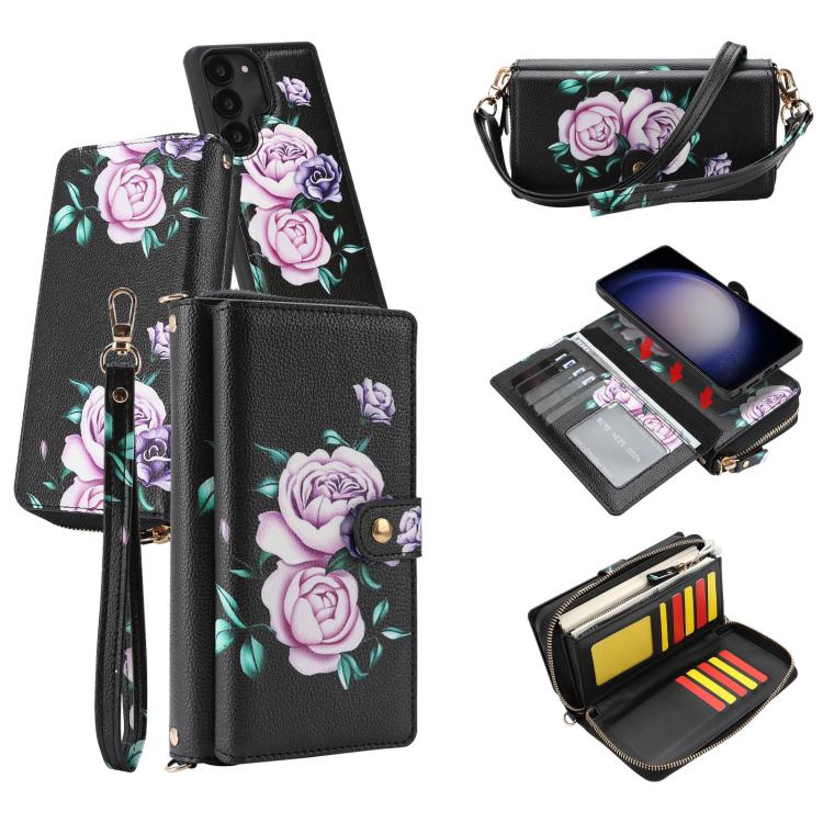 For Samsung Galaxy S23 5G Crossbody Flower Multi-functional Buckle Zipper Wallet Vegan Leather Phone Case