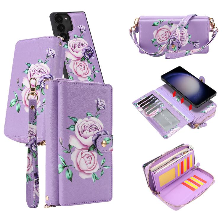 For Samsung Galaxy S23 5G Crossbody Flower Multi-functional Buckle Zipper Wallet Vegan Leather Phone Case