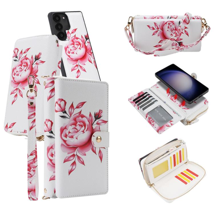 For Samsung Galaxy S23 5G Crossbody Flower Multi-functional Buckle Zipper Wallet Vegan Leather Phone Case