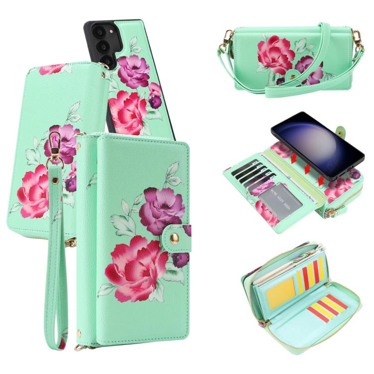 For Samsung Galaxy S23 5G Crossbody Flower Multi-functional Buckle Zipper Wallet Vegan Leather Phone Case