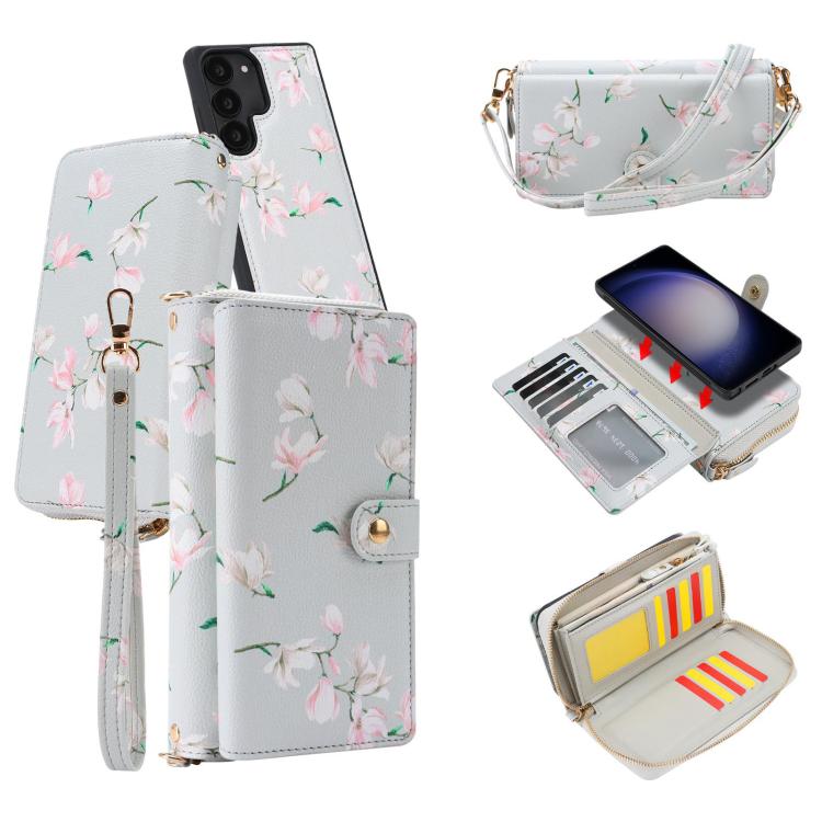 For Samsung Galaxy S23 5G Crossbody Flower Multi-functional Buckle Zipper Wallet Vegan Leather Phone Case