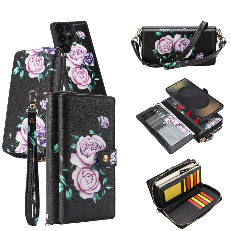 For Samsung Galaxy S23 Ultra 5G Crossbody Flower Multi-functional Buckle Zipper Wallet Vegan Leather Phone Case