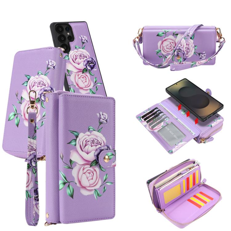 For Samsung Galaxy S23 Ultra 5G Crossbody Flower Multi-functional Buckle Zipper Wallet Vegan Leather Phone Case