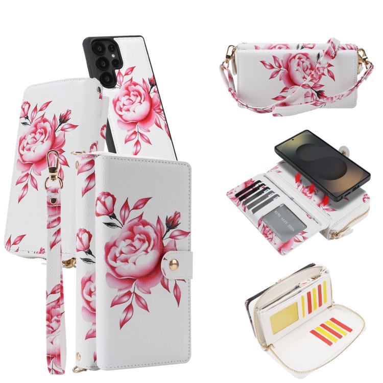 For Samsung Galaxy S23 Ultra 5G Crossbody Flower Multi-functional Buckle Zipper Wallet Vegan Leather Phone Case