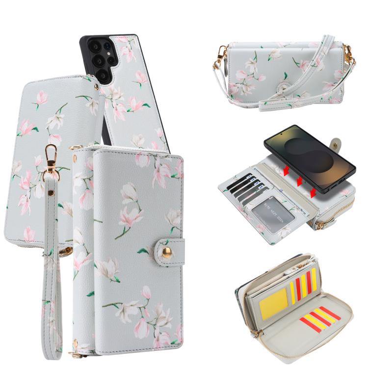 For Samsung Galaxy S23 Ultra 5G Crossbody Flower Multi-functional Buckle Zipper Wallet Vegan Leather Phone Case