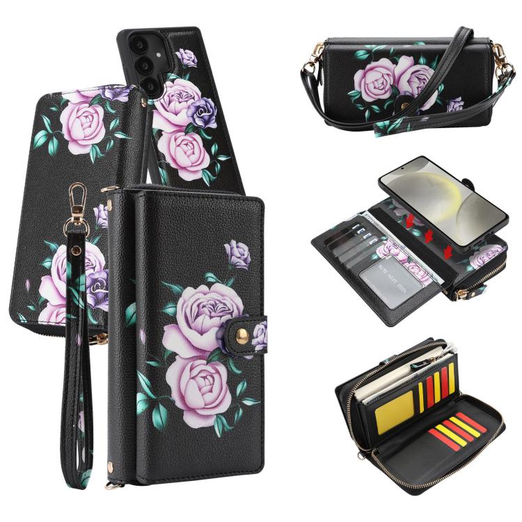 For Samsung Galaxy S24 5G Crossbody Flower Multi-functional Buckle Zipper Wallet Vegan Leather Phone Case