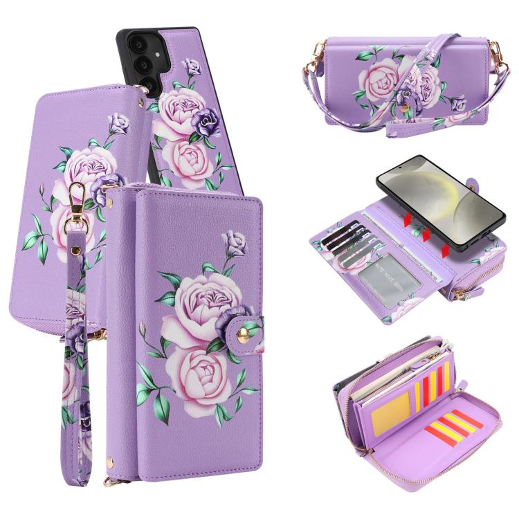 For Samsung Galaxy S24 5G Crossbody Flower Multi-functional Buckle Zipper Wallet Vegan Leather Phone Case