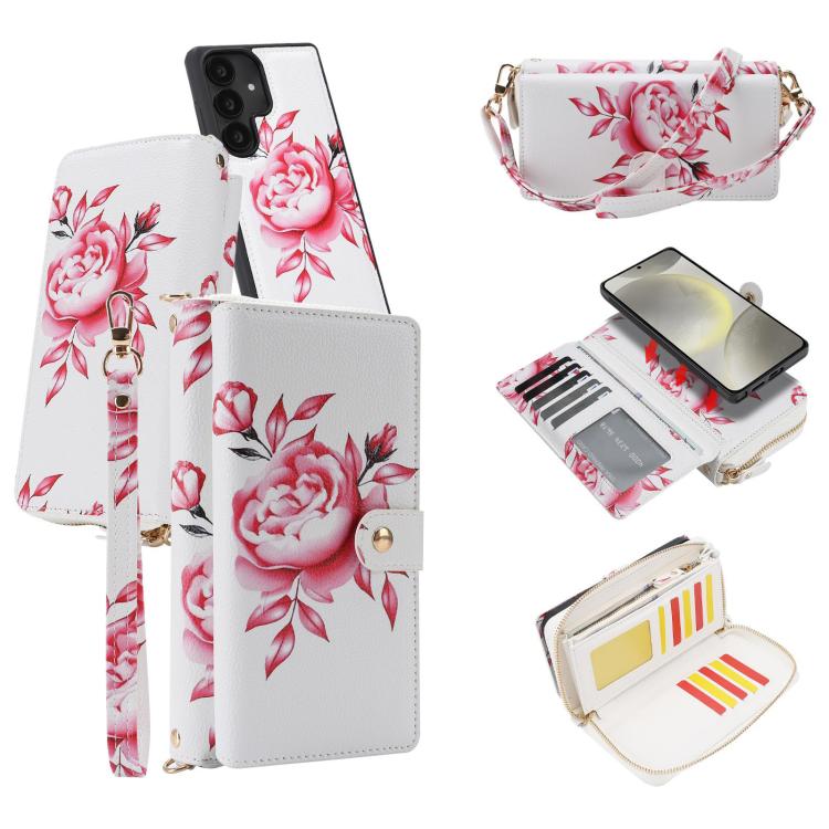 For Samsung Galaxy S24 5G Crossbody Flower Multi-functional Buckle Zipper Wallet Vegan Leather Phone Case