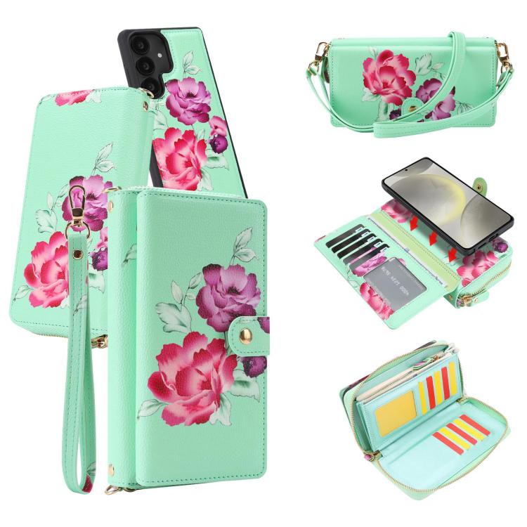 For Samsung Galaxy S24 5G Crossbody Flower Multi-functional Buckle Zipper Wallet Vegan Leather Phone Case
