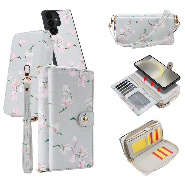 For Samsung Galaxy S24 5G Crossbody Flower Multi-functional Buckle Zipper Wallet Vegan Leather Phone Case