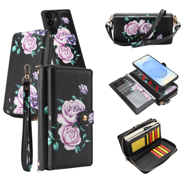 For Samsung Galaxy S25+ 5G Crossbody Flower Multi-functional Buckle Zipper Wallet Vegan Leather Phone Case