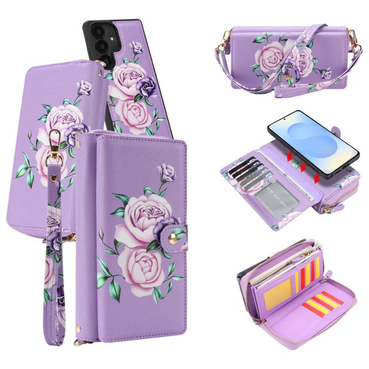 For Samsung Galaxy S25+ 5G Crossbody Flower Multi-functional Buckle Zipper Wallet Vegan Leather Phone Case