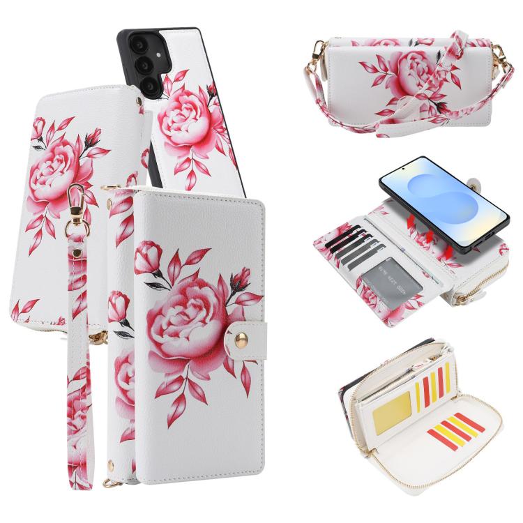 For Samsung Galaxy S25+ 5G Crossbody Flower Multi-functional Buckle Zipper Wallet Vegan Leather Phone Case