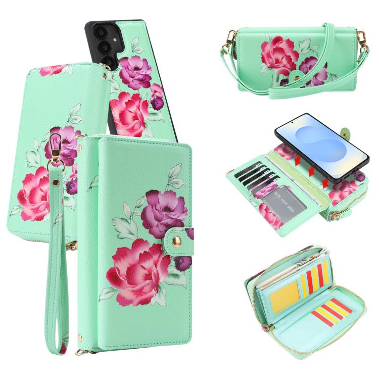For Samsung Galaxy S25+ 5G Crossbody Flower Multi-functional Buckle Zipper Wallet Vegan Leather Phone Case