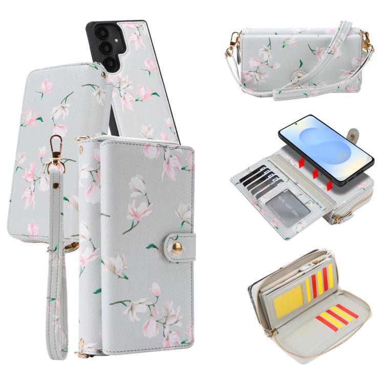 For Samsung Galaxy S25+ 5G Crossbody Flower Multi-functional Buckle Zipper Wallet Vegan Leather Phone Case
