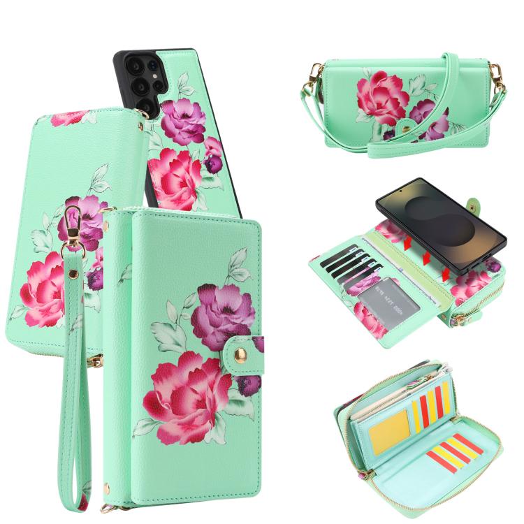 For Samsung Galaxy S25 Ultra 5G Crossbody Flower Multi-functional Buckle Zipper Wallet Vegan Leather Phone Case